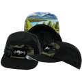 The Heartbeat Brand Mountains 5 Panel Hat — Black / Green Camo — main product shot