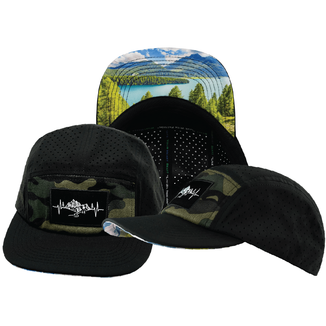 The Heartbeat Brand Mountains 5 Panel Hat — Black / Green Camo — main product shot