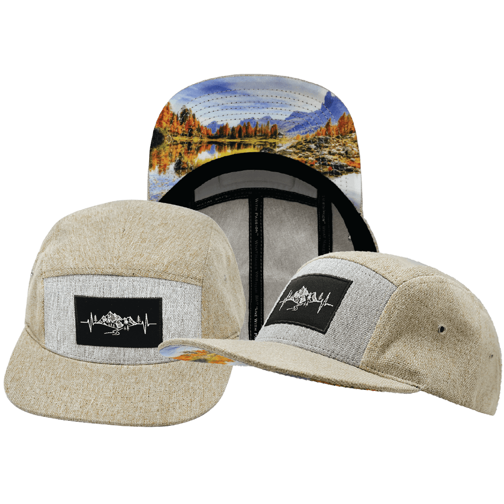 Mountains Hat - 5 Panel - Cream Hemp / Gray Hemp - Fabric Back