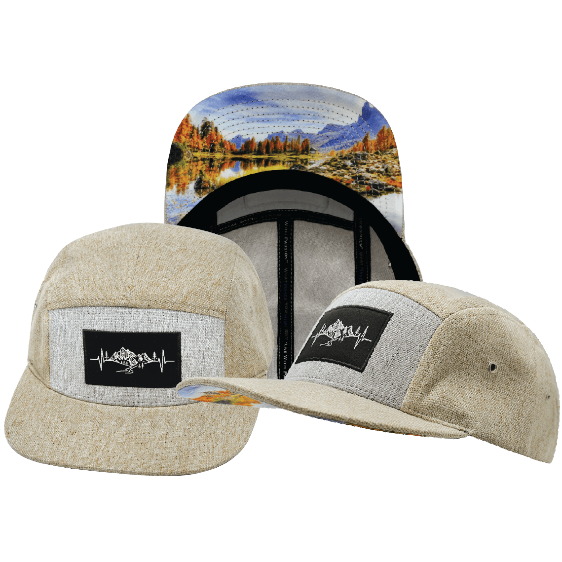 Mountains Hat - 5 Panel - Cream Hemp / Gray Hemp - Fabric Back