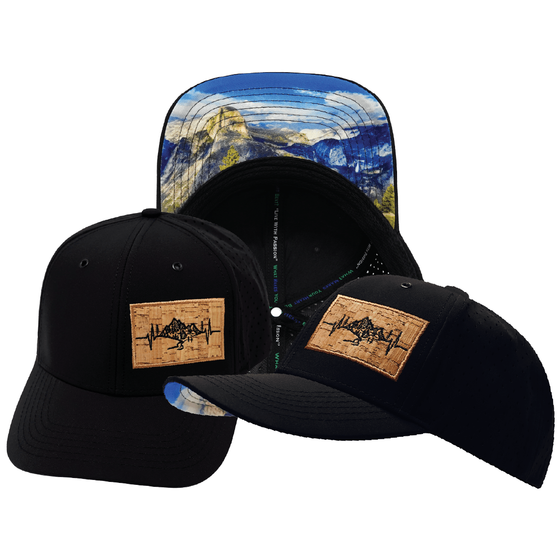The Heartbeat Brand Mountains Hat - Baseball Hat Fit - Black - Laser Mesh — main product shot