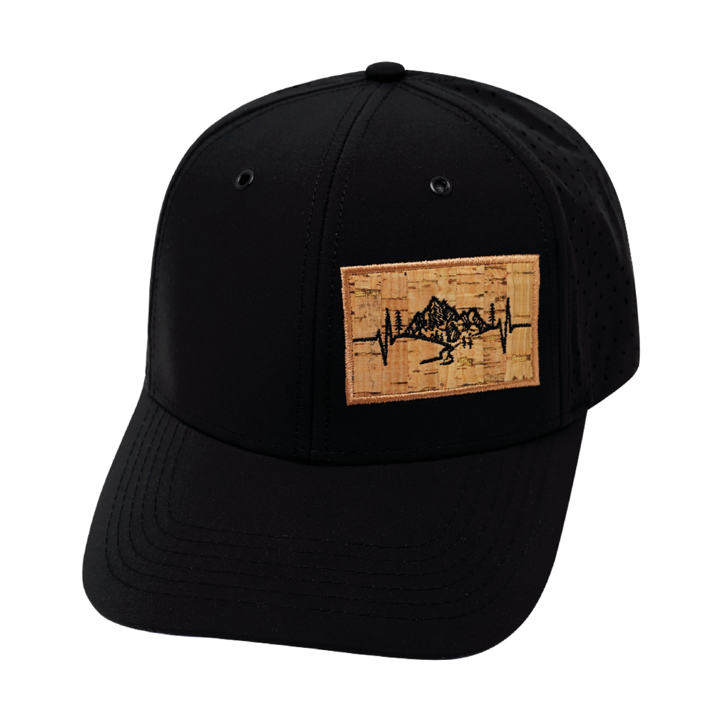 The Heartbeat Brand Mountains Hat - Baseball Hat Fit - Black - Laser Mesh — lifestyle worn / used context