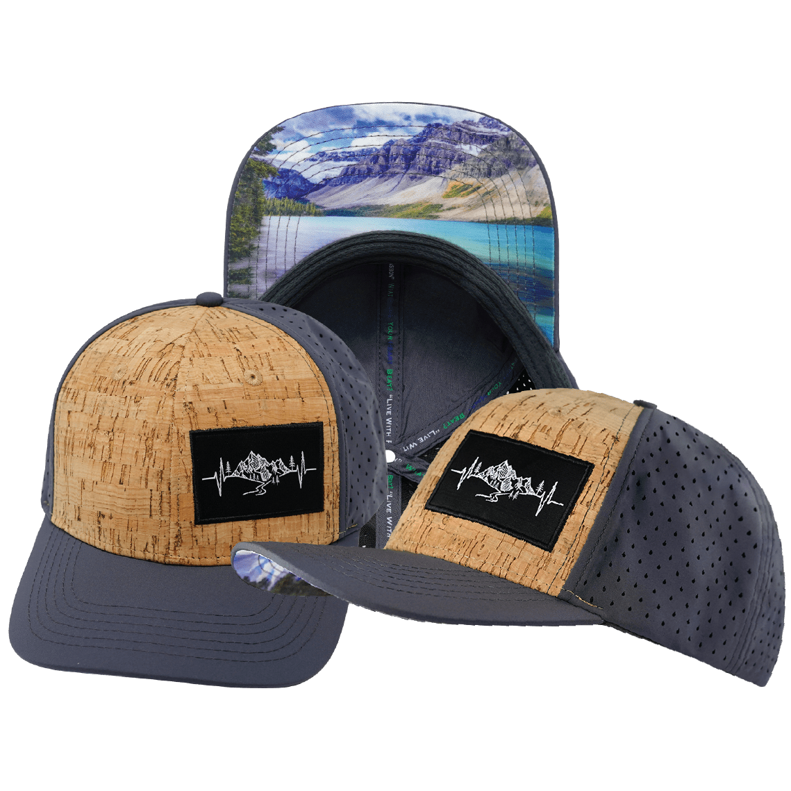 The Heartbeat Brand Mountains Hat - Baseball Hat Fit - Cork - Charcoal - Laser Mesh — main product shot
