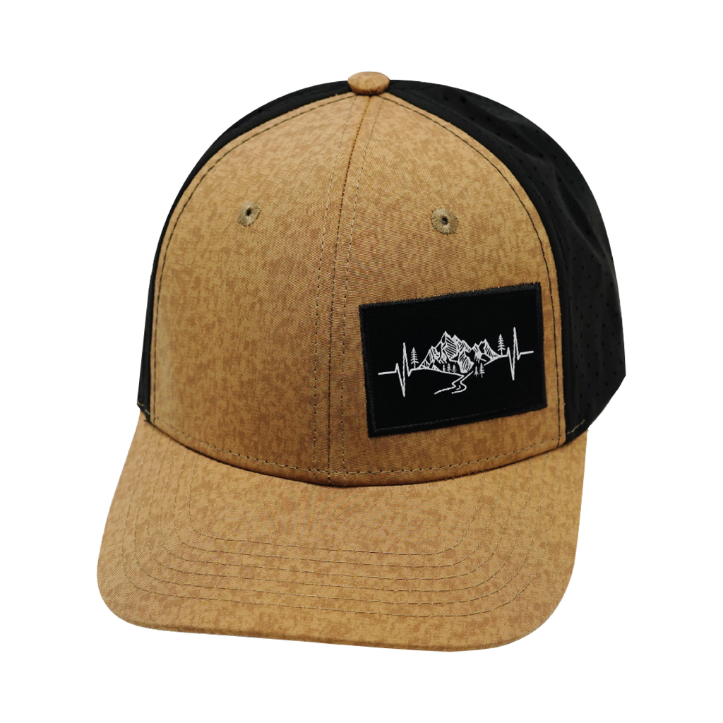 Mountains Hat - Baseball Hat Fit - Tan Textured / Black - Laser Mesh