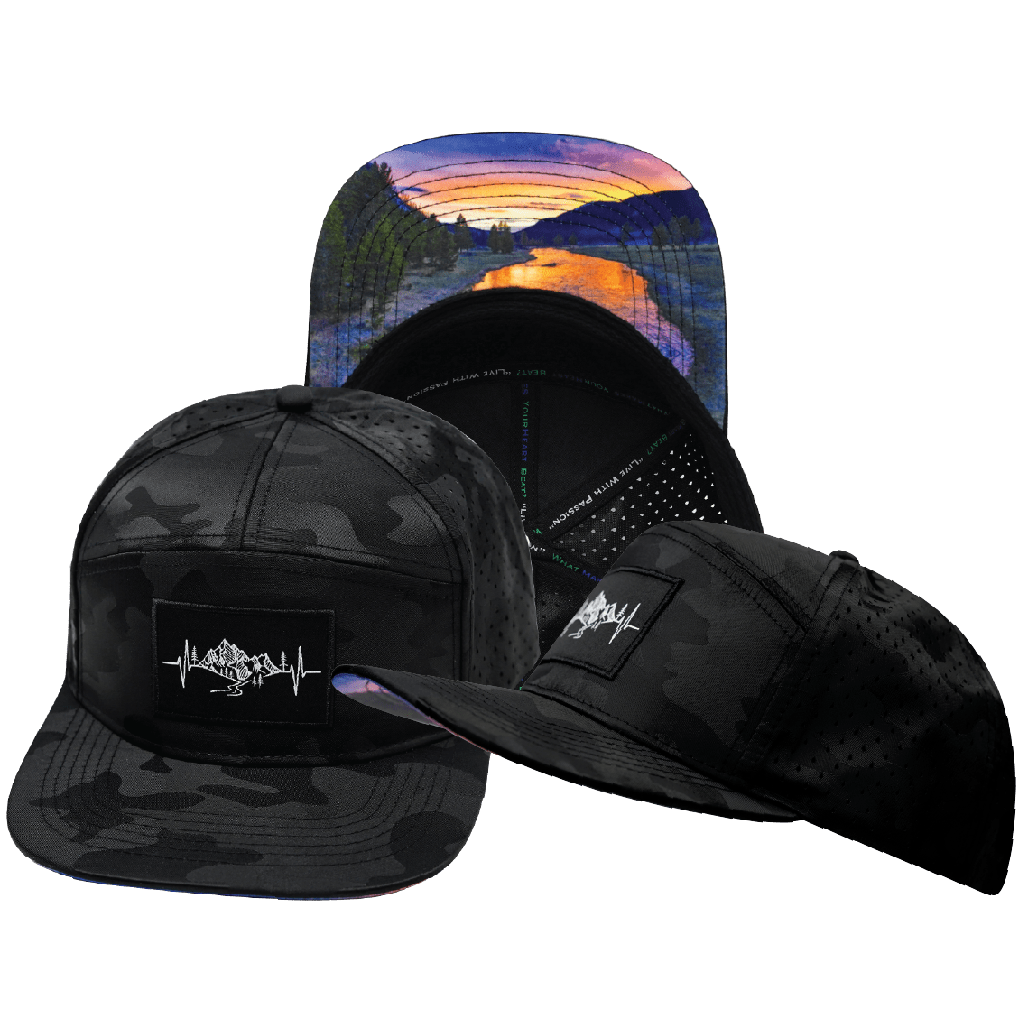 The Heartbeat Brand Mountains Hat - Flat Bill - Black Camo - Laser Mesh — main product shot