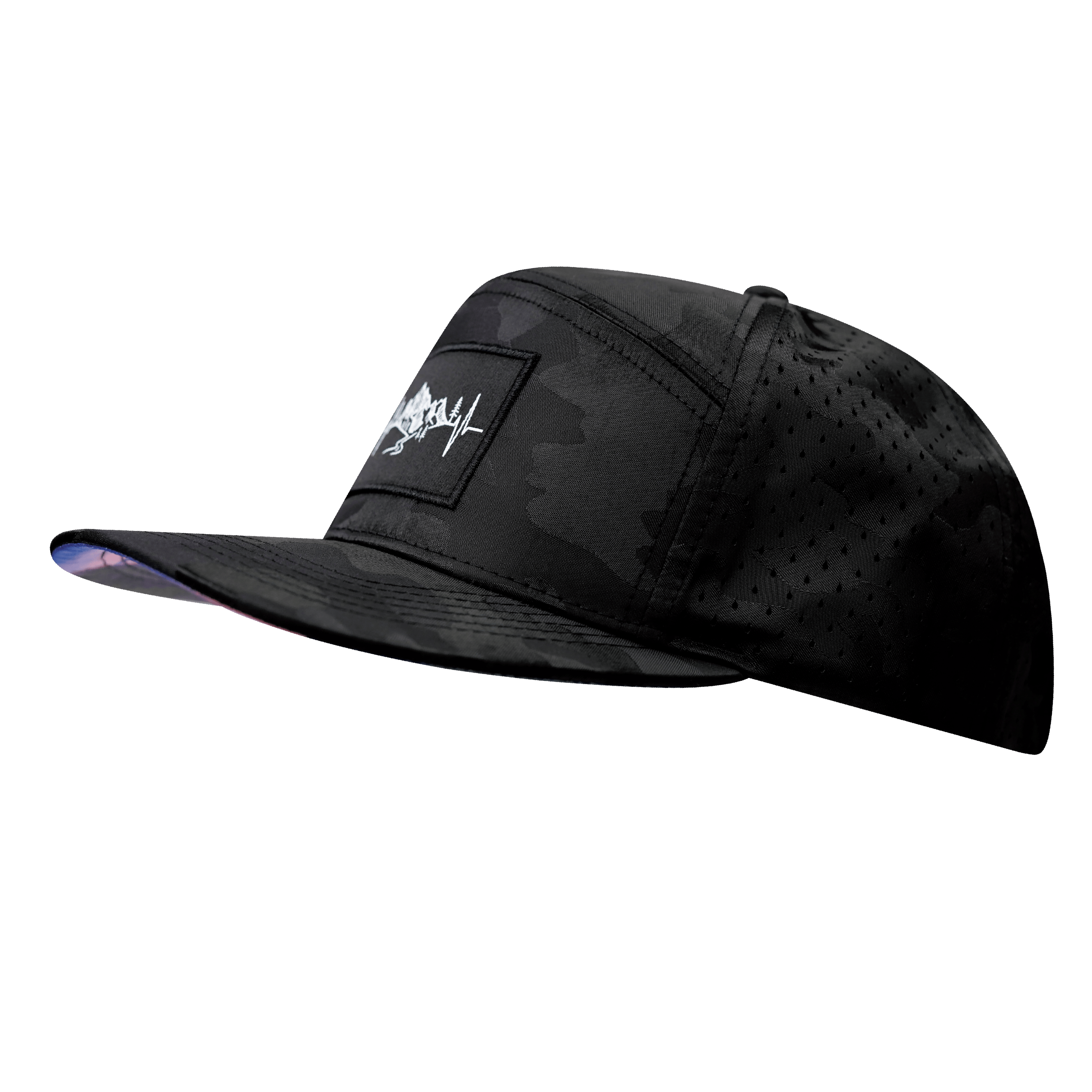 The Heartbeat Brand Mountains Hat - Flat Bill - Black Camo - Laser Mesh — The Heartbeat Brand branding close-up