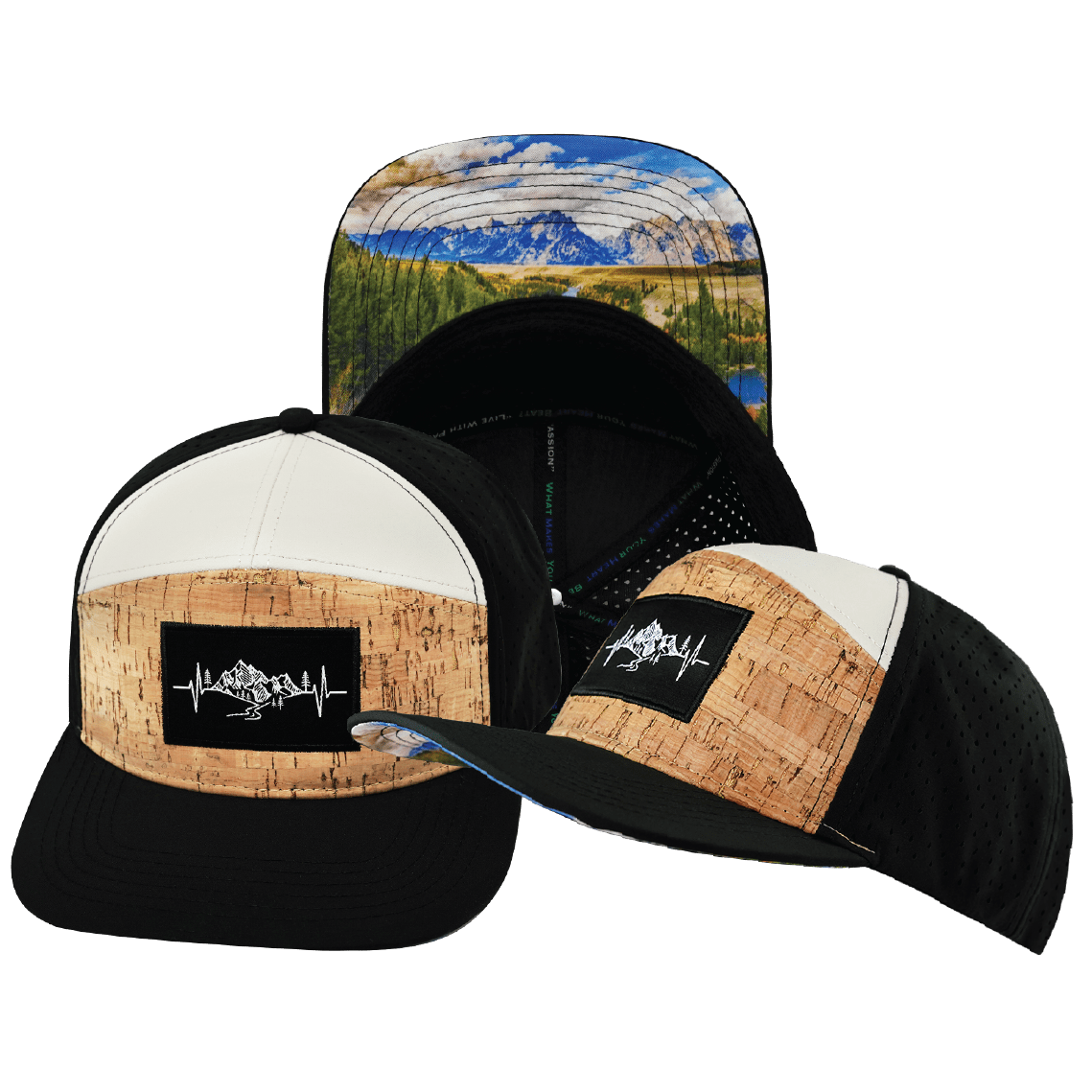 The Heartbeat Brand Mountains Hat - Flat Bill - Cork - Black / Cream - Laser Mesh — main product shot