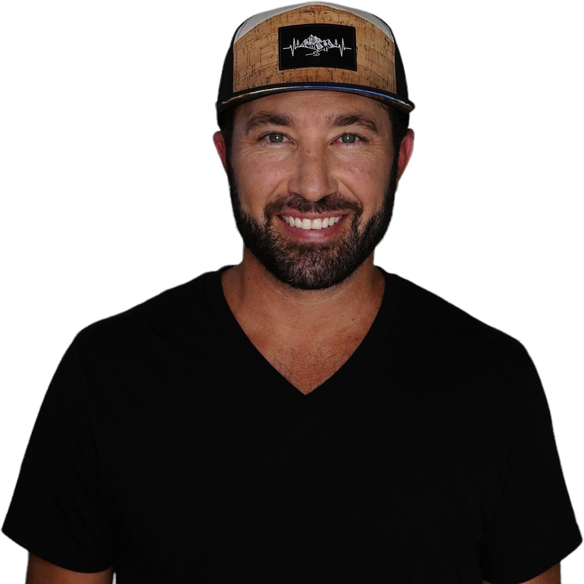 The Heartbeat Brand Mountains Hat - Flat Bill - Cork - Black / Cream - Laser Mesh — detail close-up