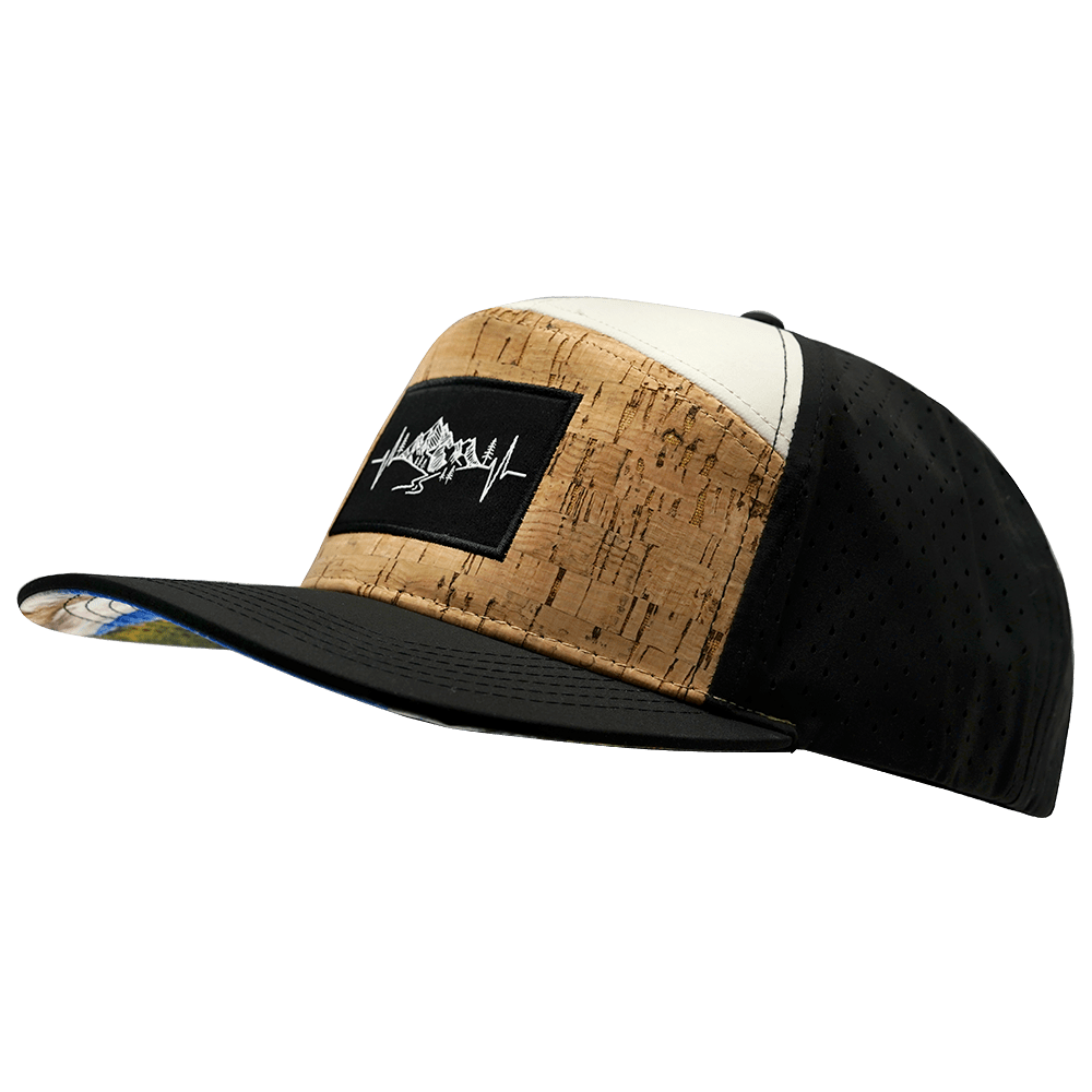 The Heartbeat Brand Mountains Hat - Flat Bill - Cork - Black / Cream - Laser Mesh — side view