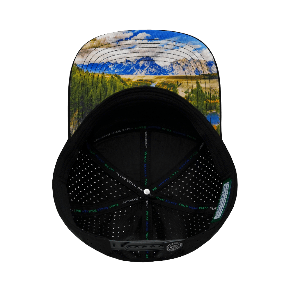 The Heartbeat Brand Mountains Hat - Flat Bill - Cork - Black / Cream - Laser Mesh — alternative angle