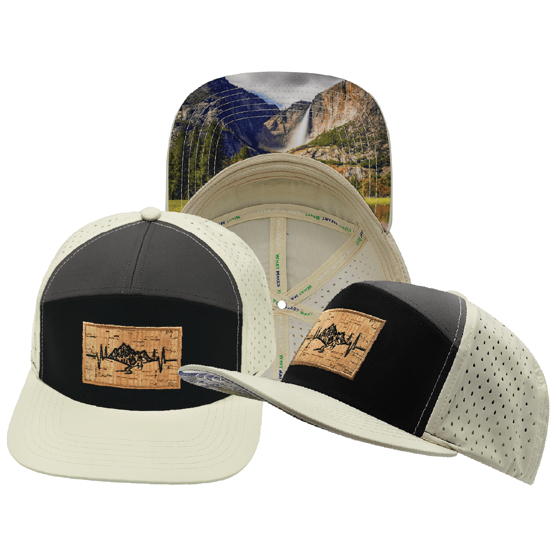The Heartbeat Brand Mountains Hat - Flat Bill - Cream / Black / Charcoal - Laser Mesh — main product shot