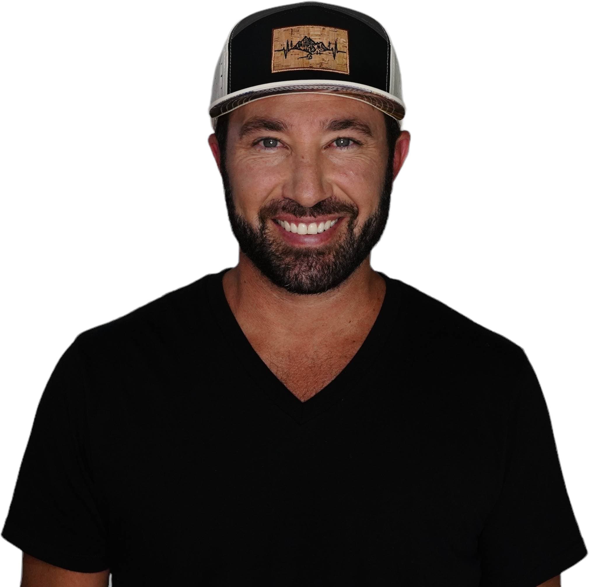 The Heartbeat Brand Mountains Hat - Flat Bill - Cream / Black / Charcoal - Laser Mesh — detail close-up