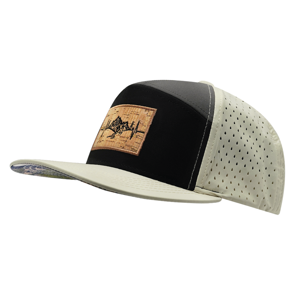 The Heartbeat Brand Mountains Hat - Flat Bill - Cream / Black / Charcoal - Laser Mesh — side view