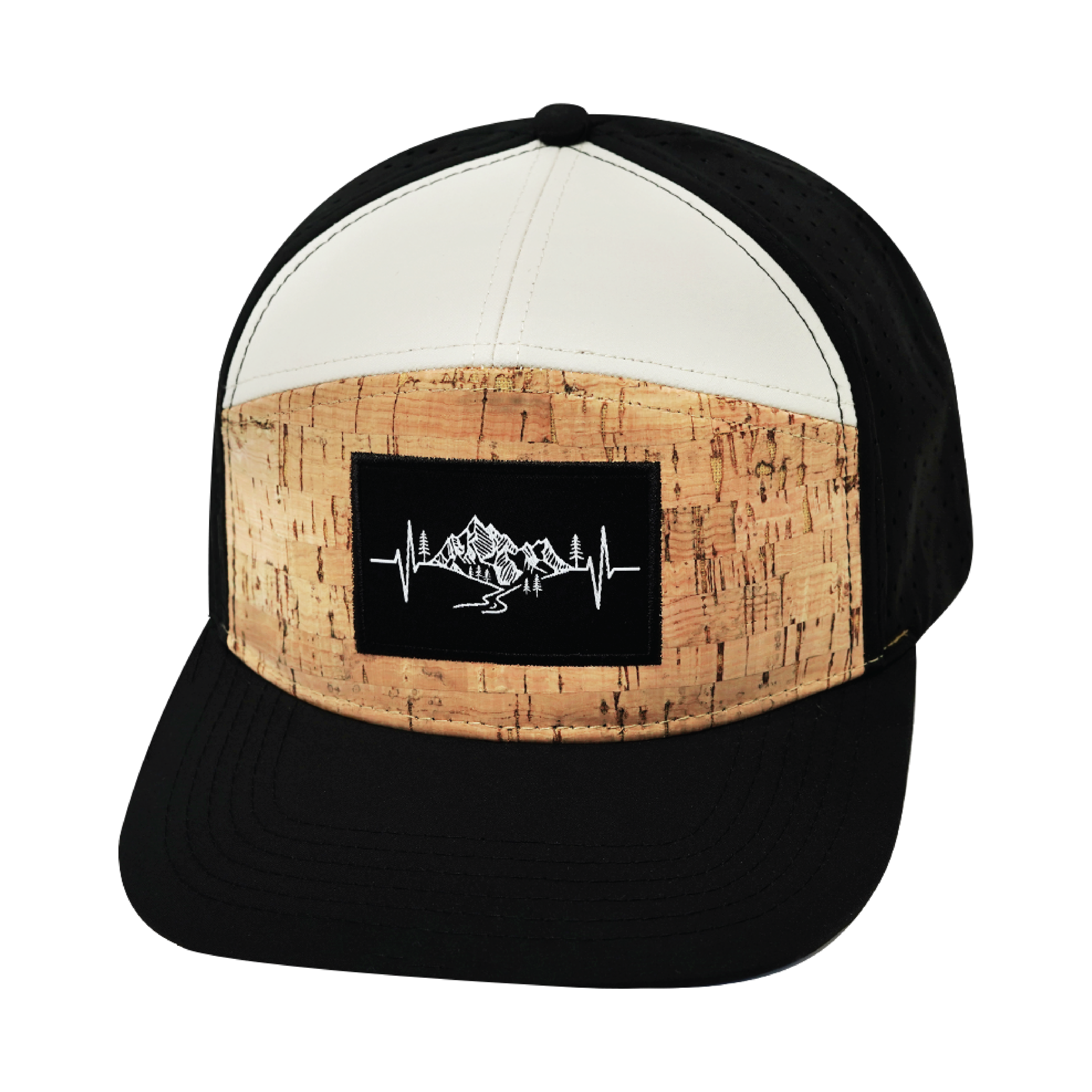The Heartbeat Brand Mountains Hat - Flat Bill - Cork - Black / Cream - Laser Mesh — back view
