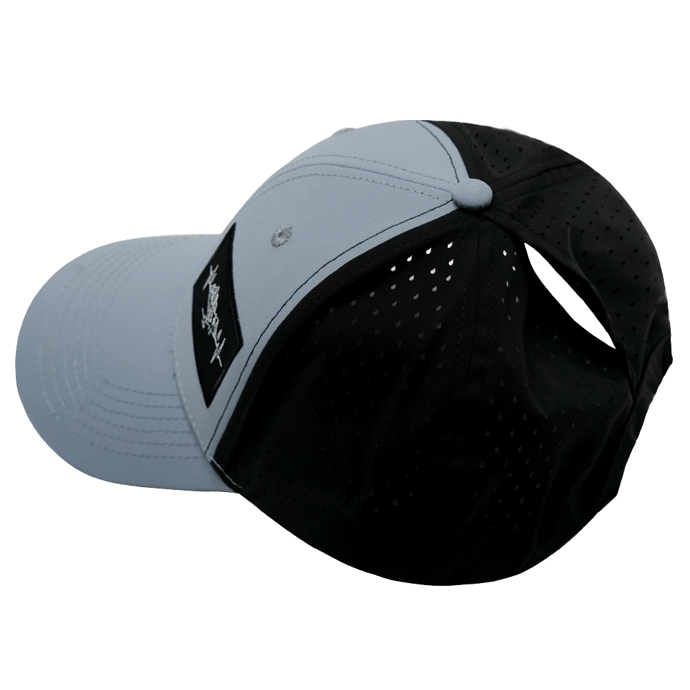 The Heartbeat Brand Mountains Hat - Low Profile - Ponytail - Gray Blue / Black - Laser Mesh — packaging
