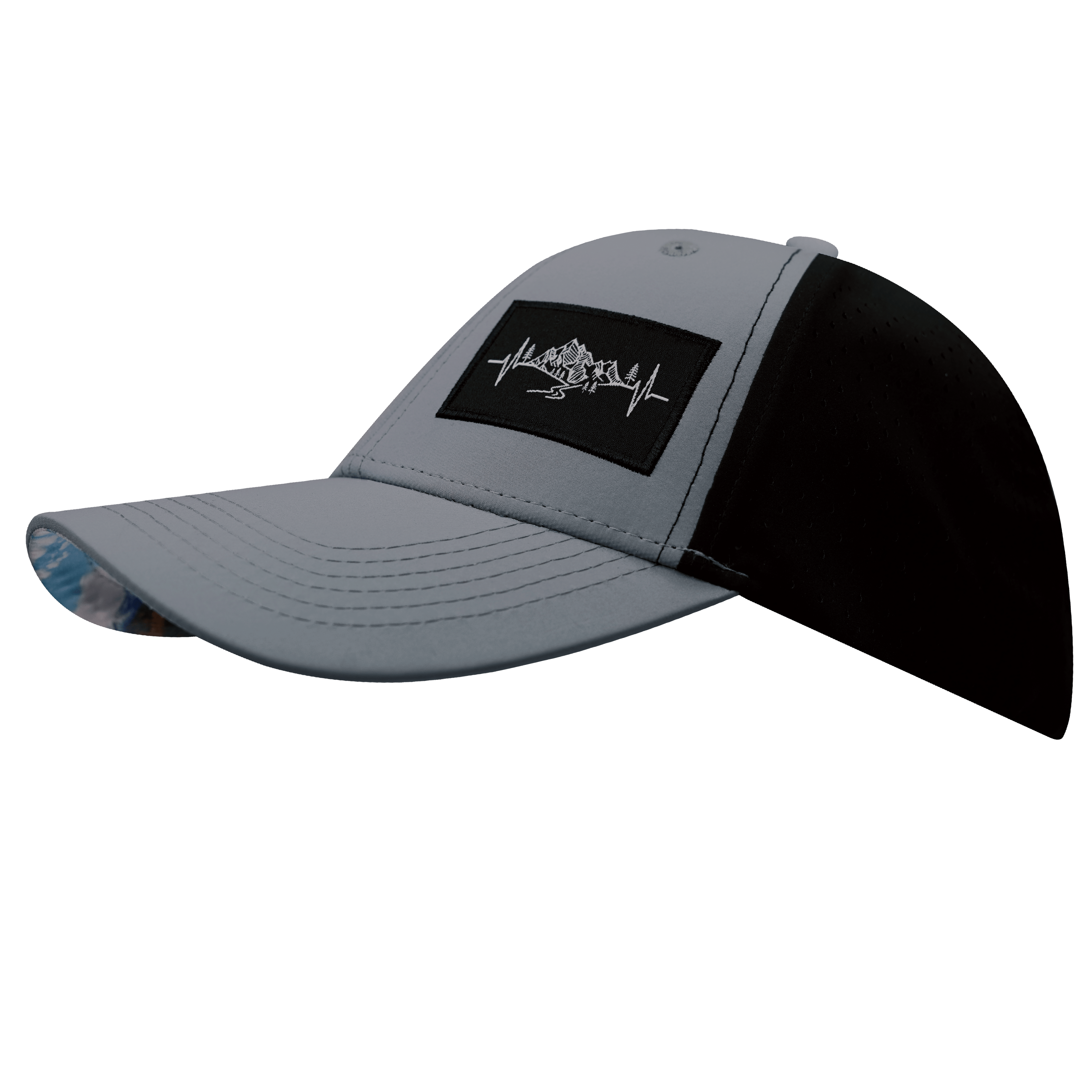 The Heartbeat Brand Mountains Hat - Low Profile - Ponytail - Gray Blue / Black - Laser Mesh — in-use photo