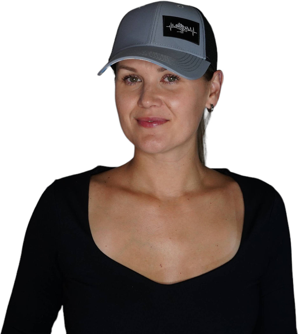 The Heartbeat Brand Mountains Hat - Low Profile - Ponytail - Gray Blue / Black - Laser Mesh — lifestyle context
