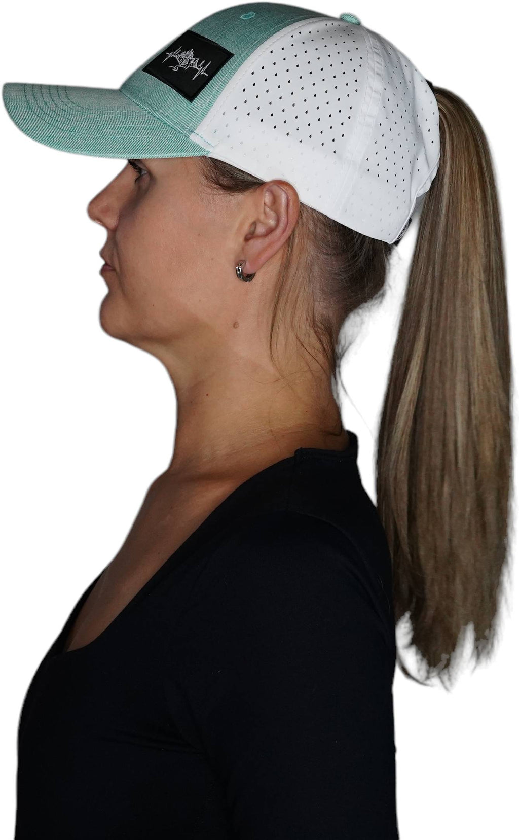 Mountains Hat - Low Profile - Ponytail - Teal / White - Laser Mesh