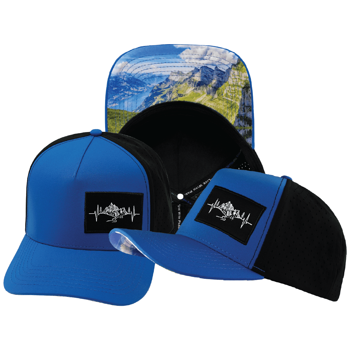 The Heartbeat Brand Mountains Hat - Trucker Hat - Royal Blue / Black - Laser Mesh — main product shot