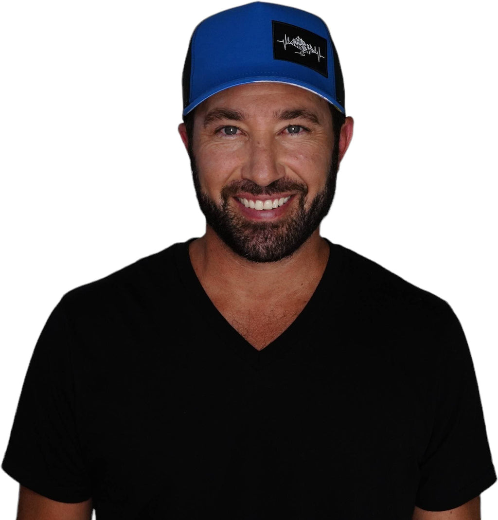 The Heartbeat Brand Mountains Hat - Trucker Hat - Royal Blue / Black - Laser Mesh — detail close-up