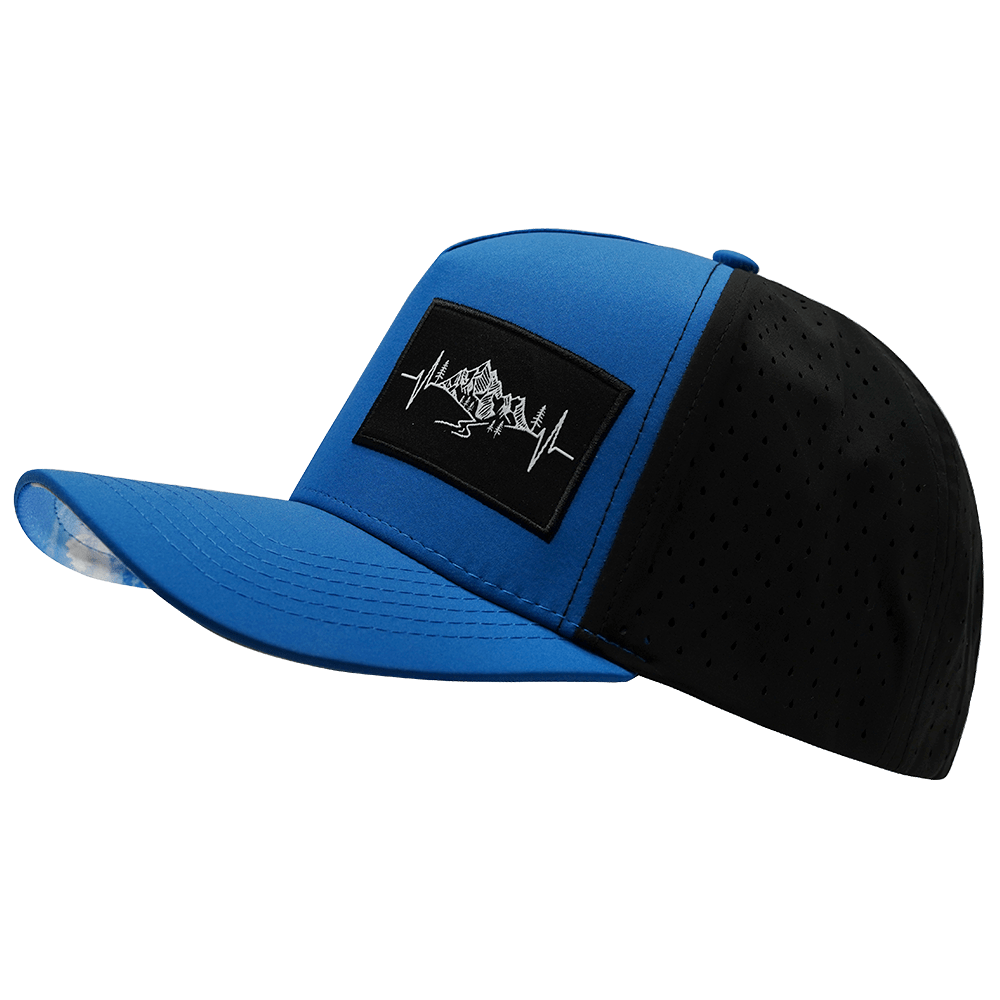 The Heartbeat Brand Mountains Hat - Trucker Hat - Royal Blue / Black - Laser Mesh — side view