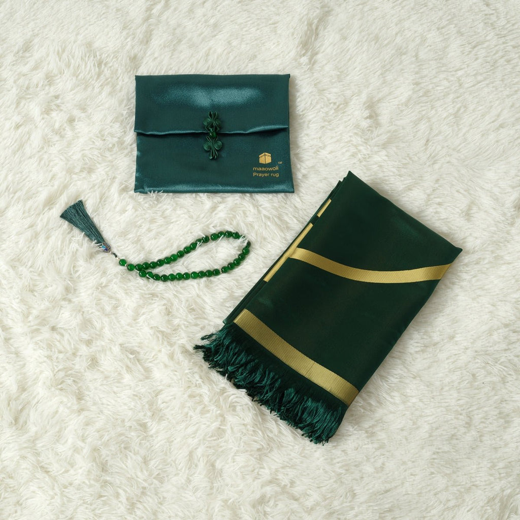 Mariam's Collection MR065 Eco-Friendly New Luxury Prayer Mat and Tasbeeh Set — product on model