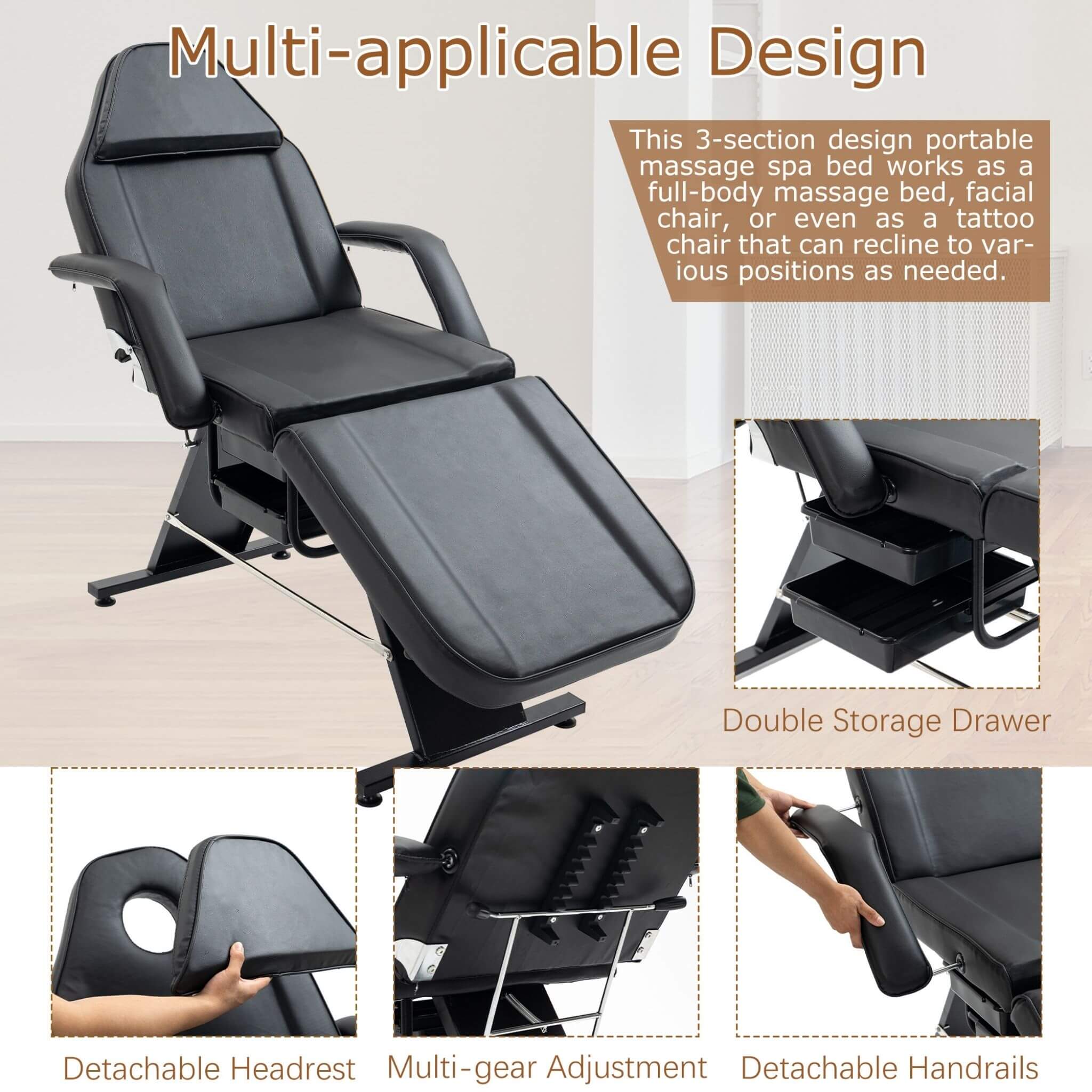 Multi-Purpose 3-Section Adjustable Massage Tattoo Chair With Stool (SAK35617) – SAKSBY WHOLESALE, view 7