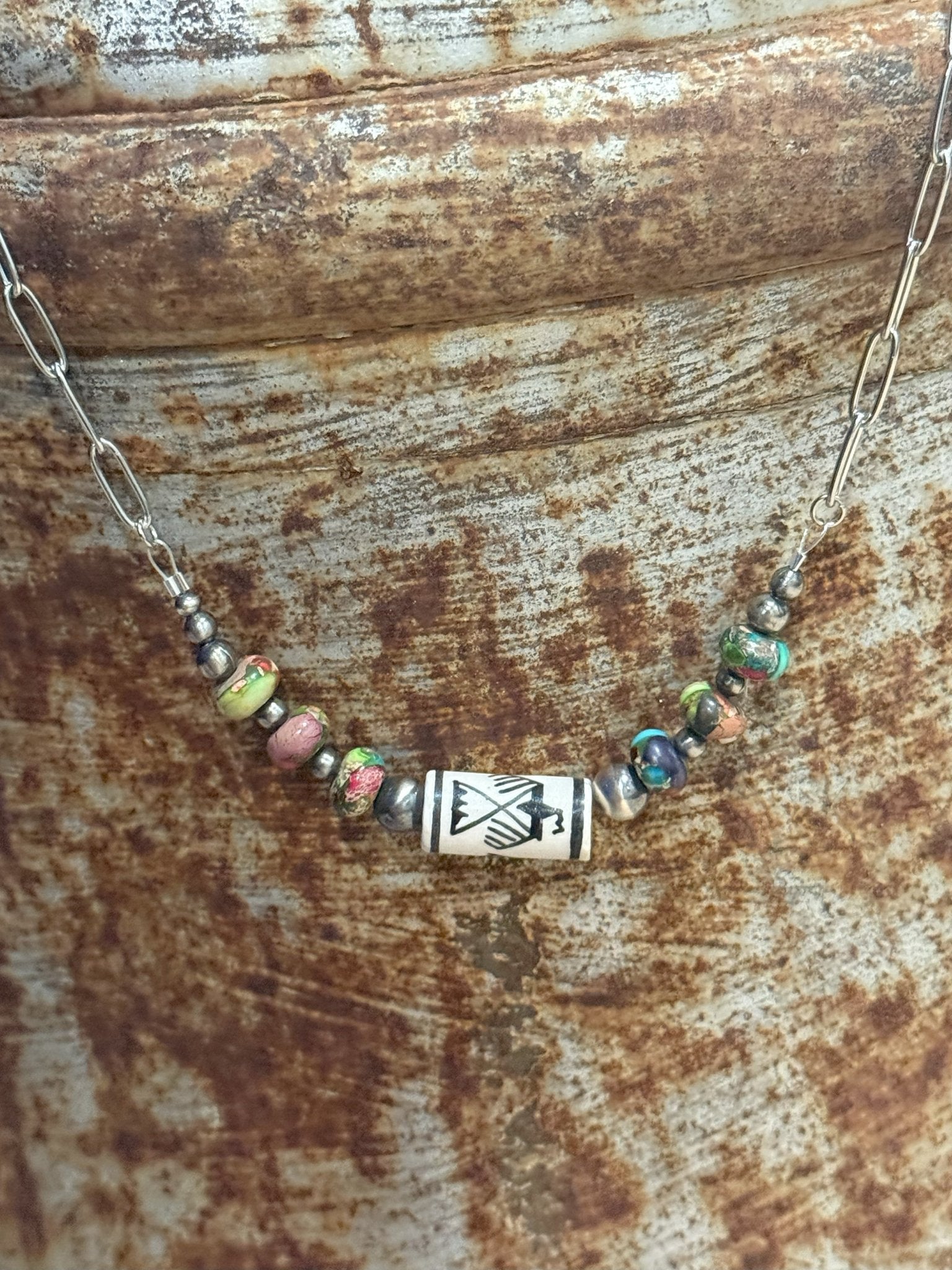 Wild Junkie Sterling Silver Rainbow Thunderbird Paperclip Necklace — detail close-up