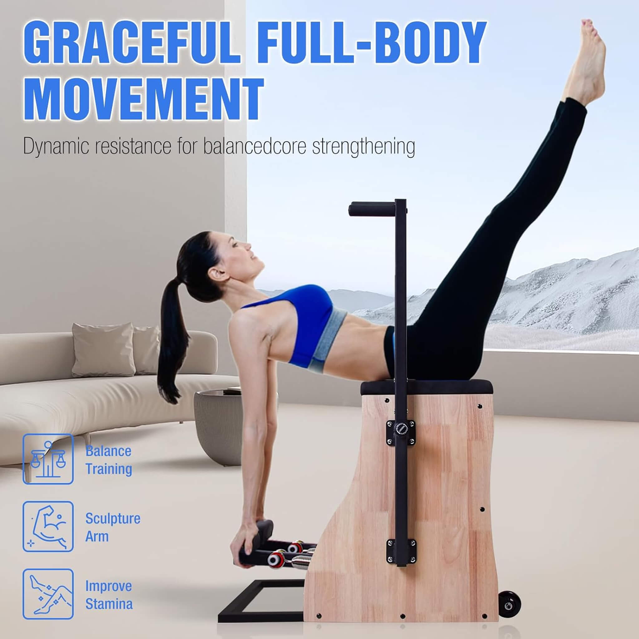 Core Pilates Multifunctional Solid Wood Pilates Reformer Chair With Adjustable Springs And Split Pedals (SAK27581) – SAKSBY W