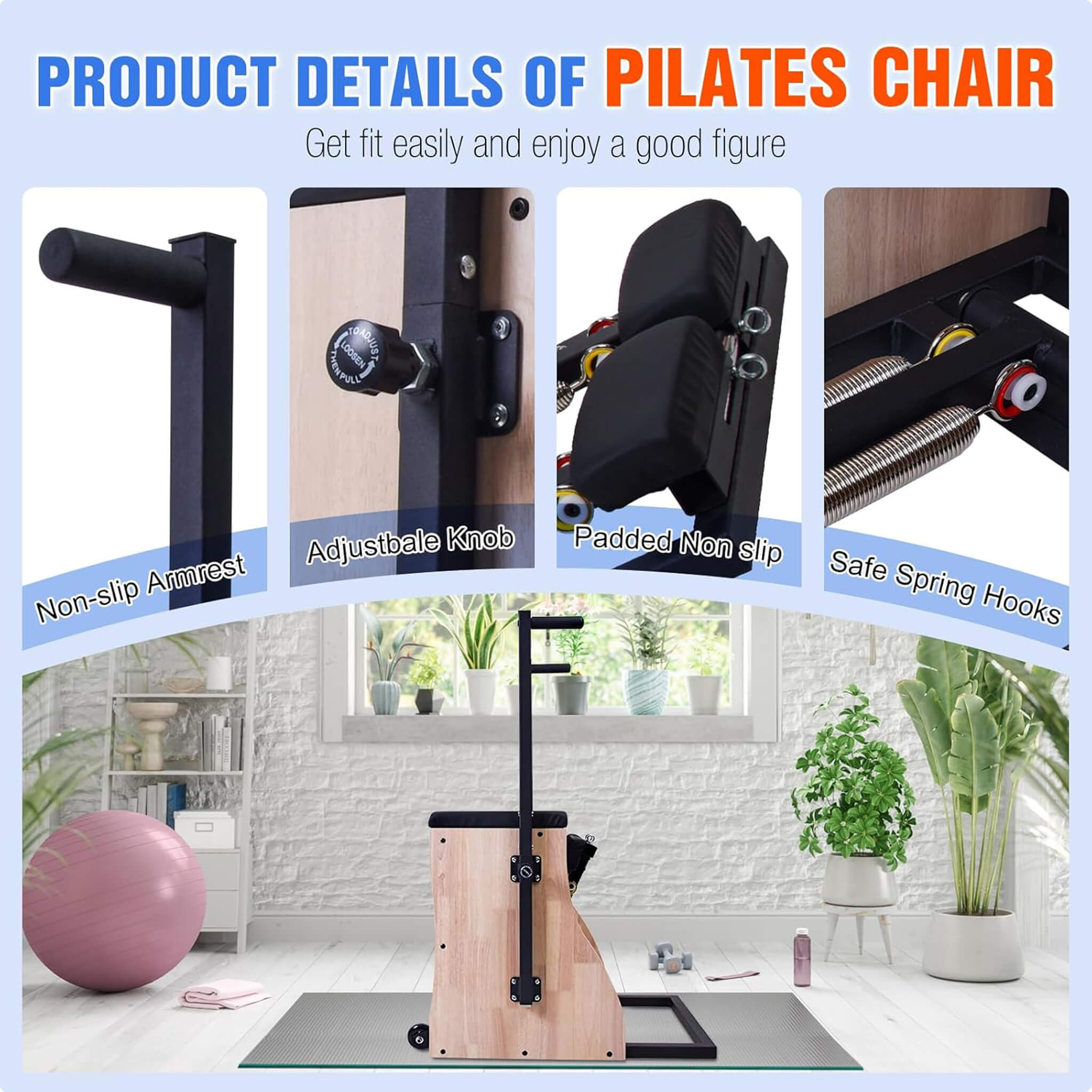 Core Pilates Multifunctional Solid Wood Pilates Reformer Chair With Adjustable Springs And Split Pedals (SAK27581) – SAKSBY W