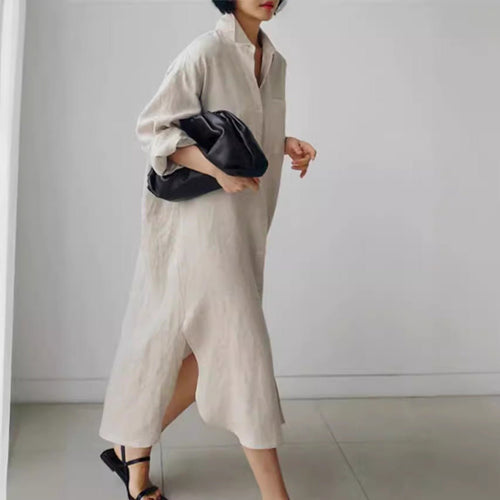 Muslim Casual Elegance Linen-Blend Shirt Dress | Modest Maxi with Button Front & Side Slits (MS096)