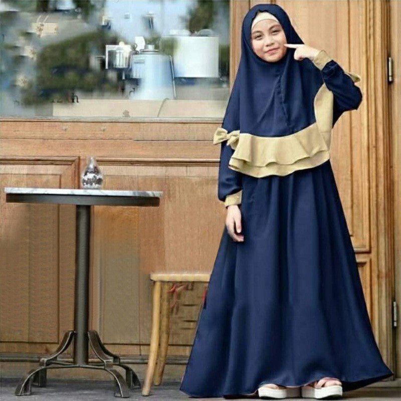 Muslim Girls Dress & Bow Hijab Set with Ruffle Trim (MKG026) by Mariam's Collection