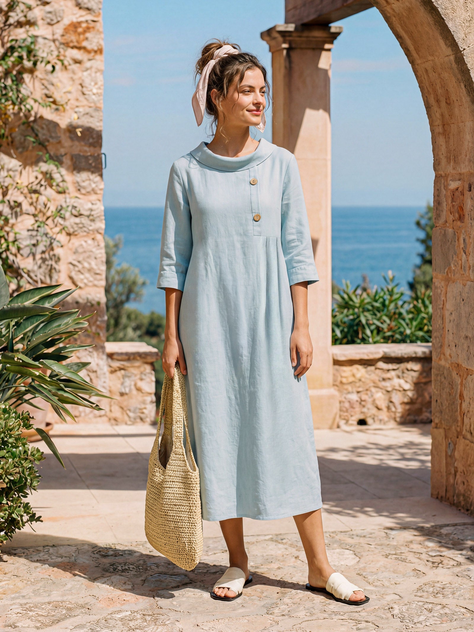 LINTICO 100% Linen Rolled Collar Asymmetric Button Maxi Dress ELARAINE — construction detail