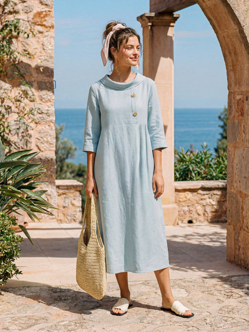 LINTICO 100% Linen Rolled Collar Asymmetric Button Maxi Dress ELARAINE — construction detail