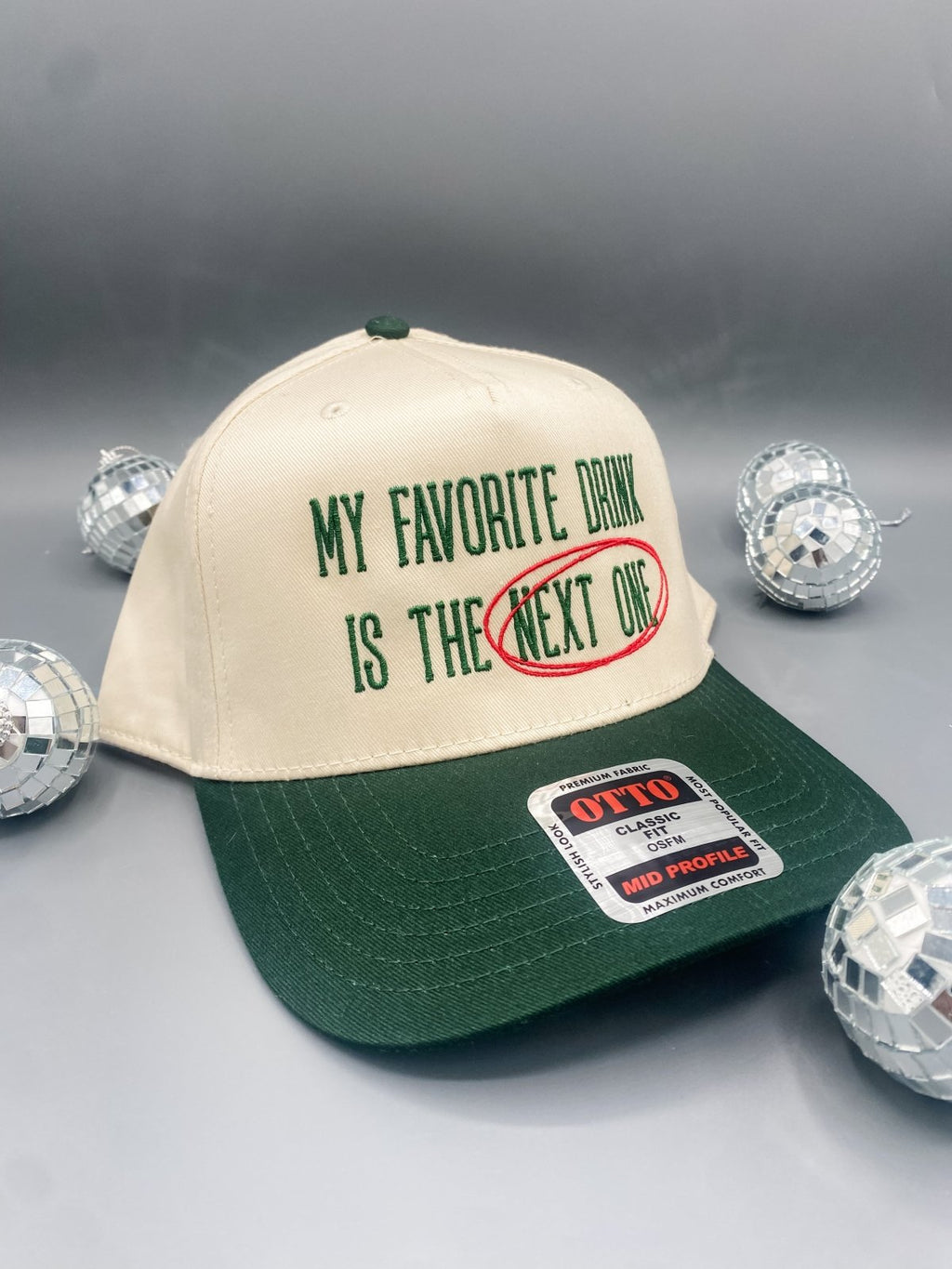 Coco & Rho My Favorite Drink Is The Next One- Trucker Hat Dark Green/Tan — detail close-up
