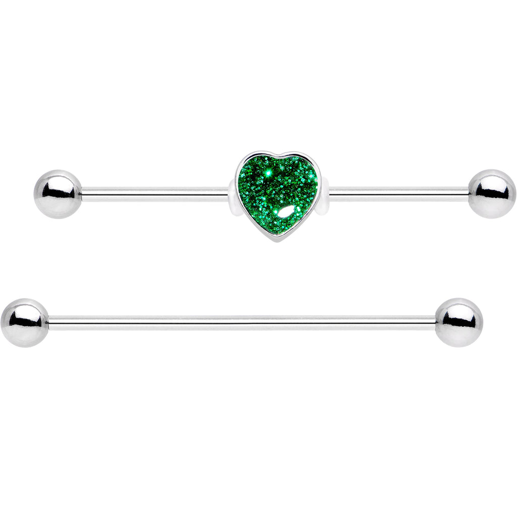 BodyCandy 14G Green Glitter Heart Industrial Barbell 38mm Set of 2 — detail close-up