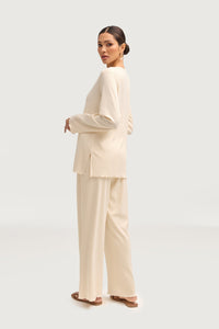 Naeema Ribbed Button Down Top & Pants Matching Set - Off White Sets Veiled Collection 