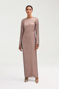 Naila Satin Crystal Mesh Maxi Dress - Pink Jasmine Clothing Veiled 