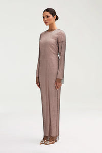 Naila Satin Crystal Mesh Maxi Dress - Pink Jasmine Clothing Veiled 