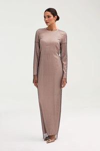 Naila Satin Crystal Mesh Maxi Dress - Pink Jasmine Clothing Veiled 