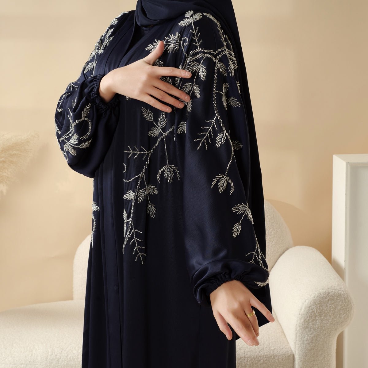Mariam's Collection Navy Blue Pleated Abaya Set | Beaded Robe Abaya with Silver Embroidery (MOA168) — Navy detail