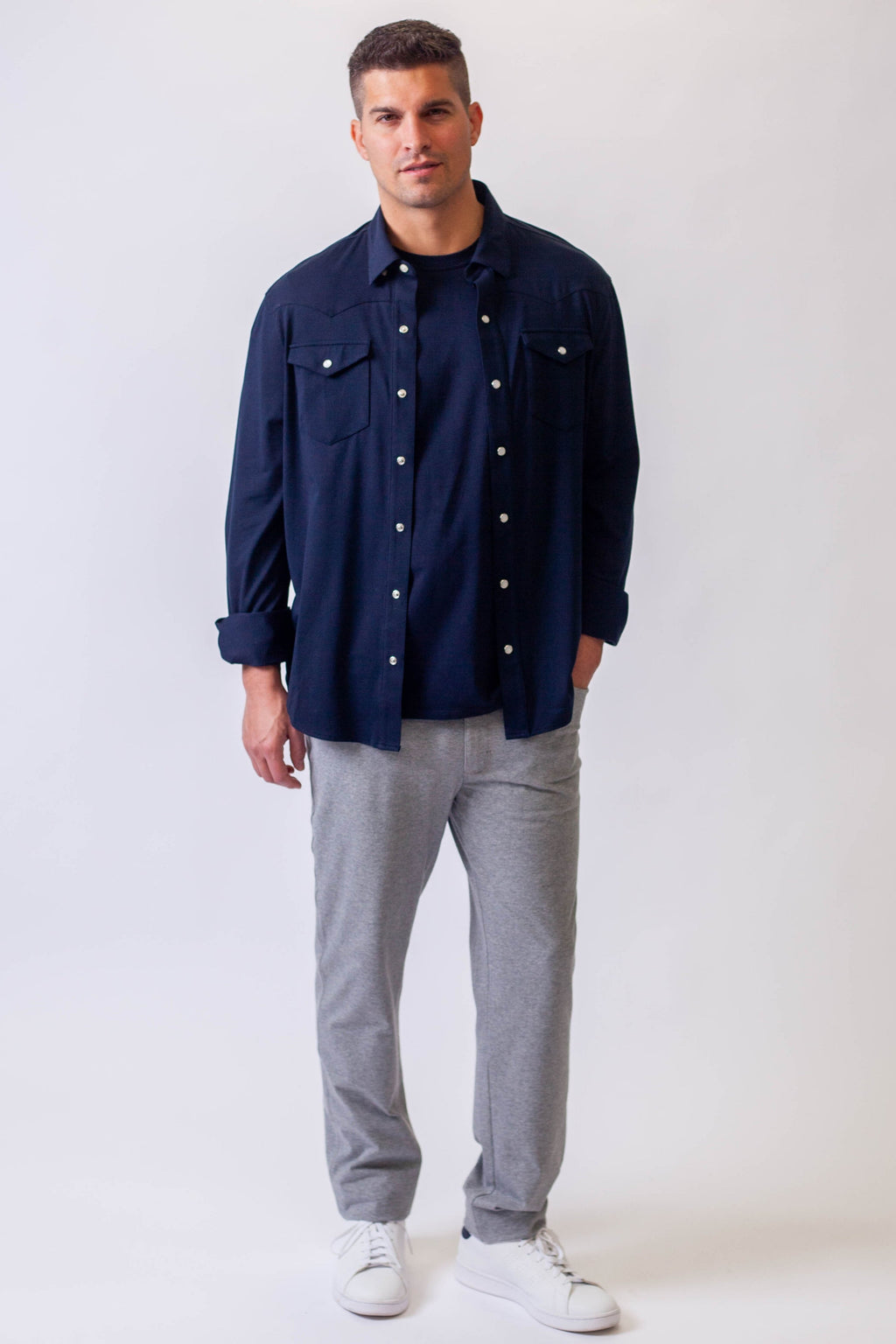 Buki Buki’s Cinqo Western Tech Shirt 2-Pack - Navy/White — in-use photo