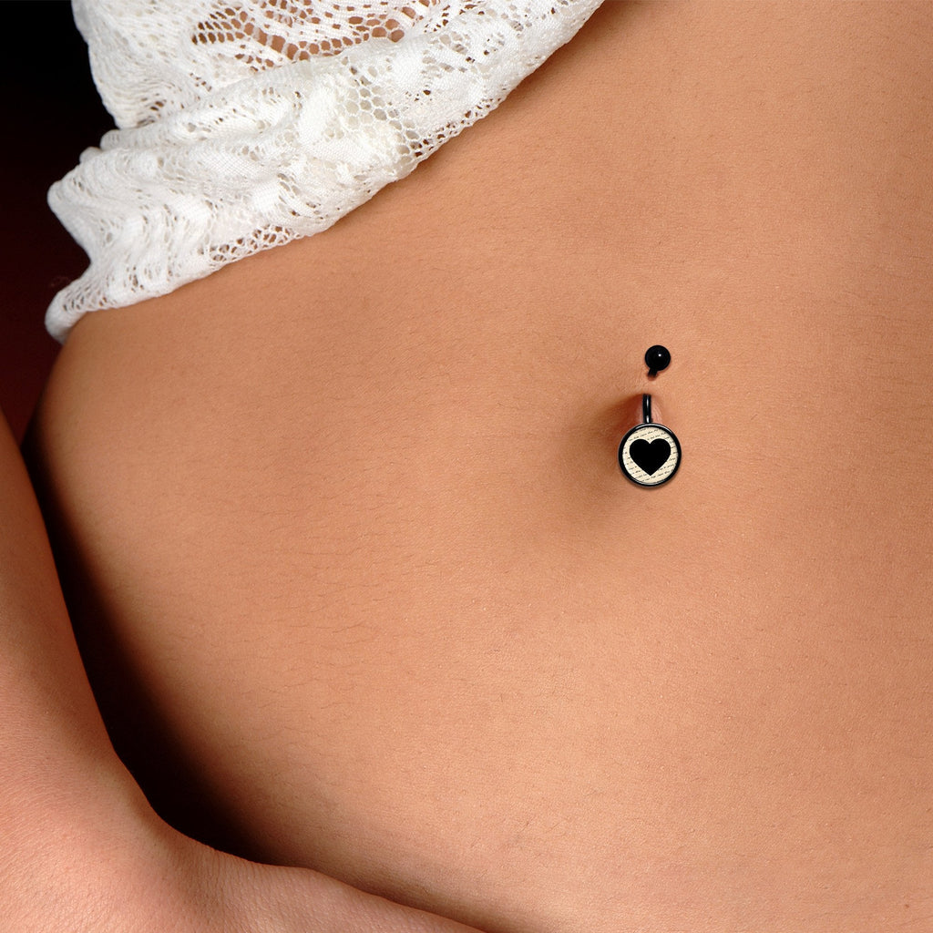 BodyCandy Love Letter Black Heart Black Belly Ring — branding close-up