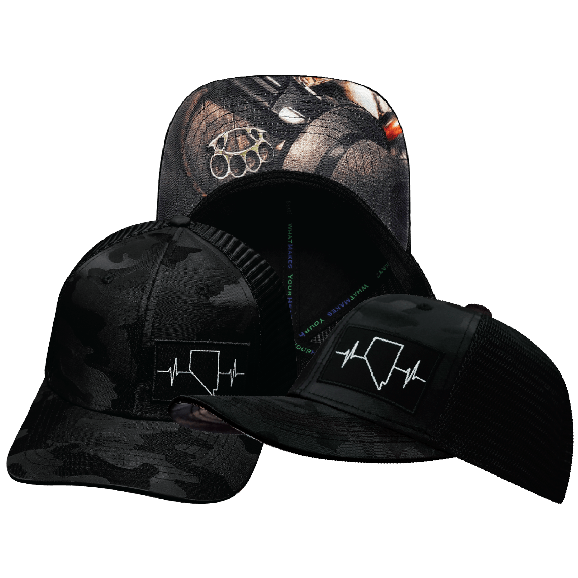 The Heartbeat Brand Nevada Baseball Hat — Black Camo / Black — main product shot
