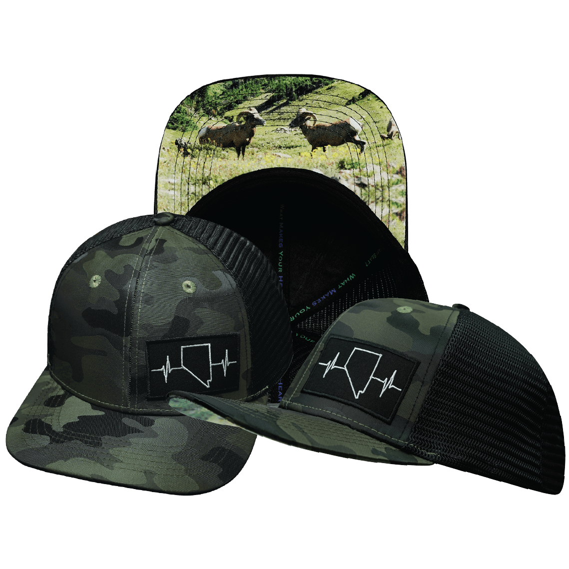 The Heartbeat Brand Nevada Baseball Hat — Green Camo / Black — main product shot