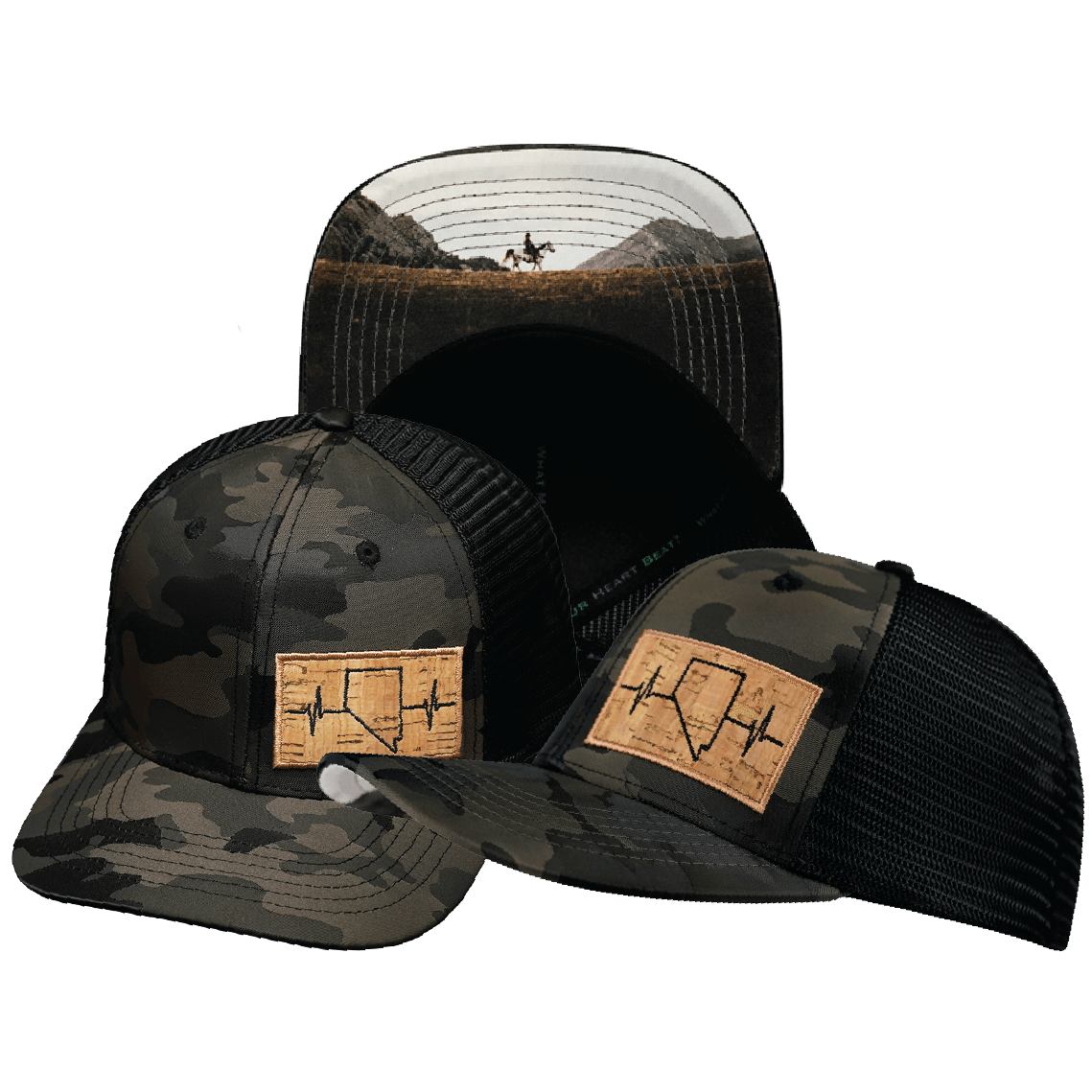 The Heartbeat Brand Nevada Baseball Hat — Tan Camo / Black — main product shot