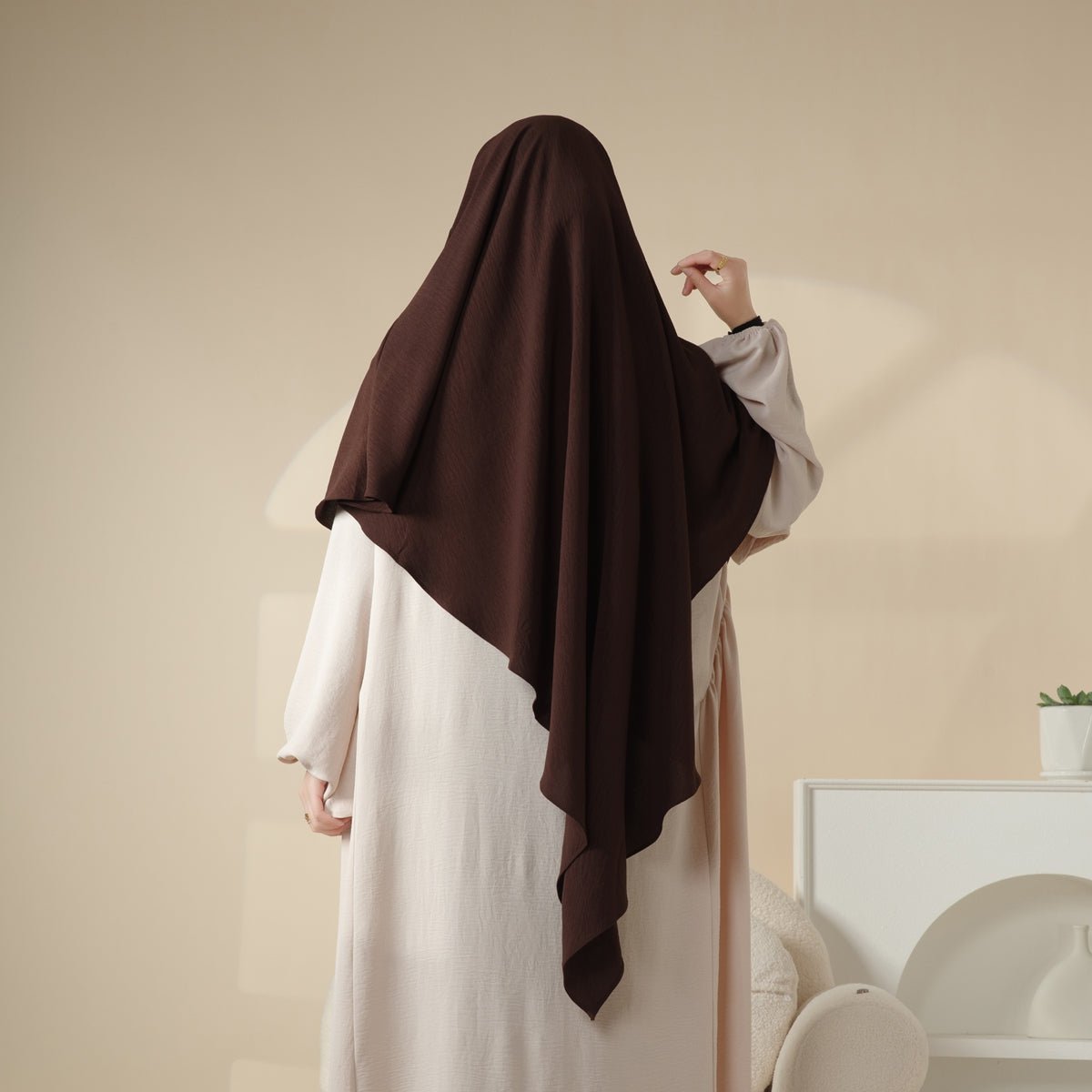 Mariam's Collection New Crepe 1-Layer Khimar | Soft Crepe Material Khimar (MK009) — Mariam's Collection branding close-up