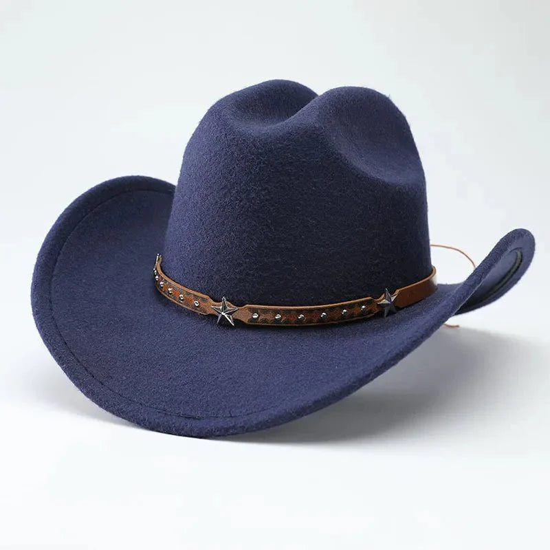 New denim hats for men and women, Western cowboy hats, five pointed star belt hats, soft woolen hats