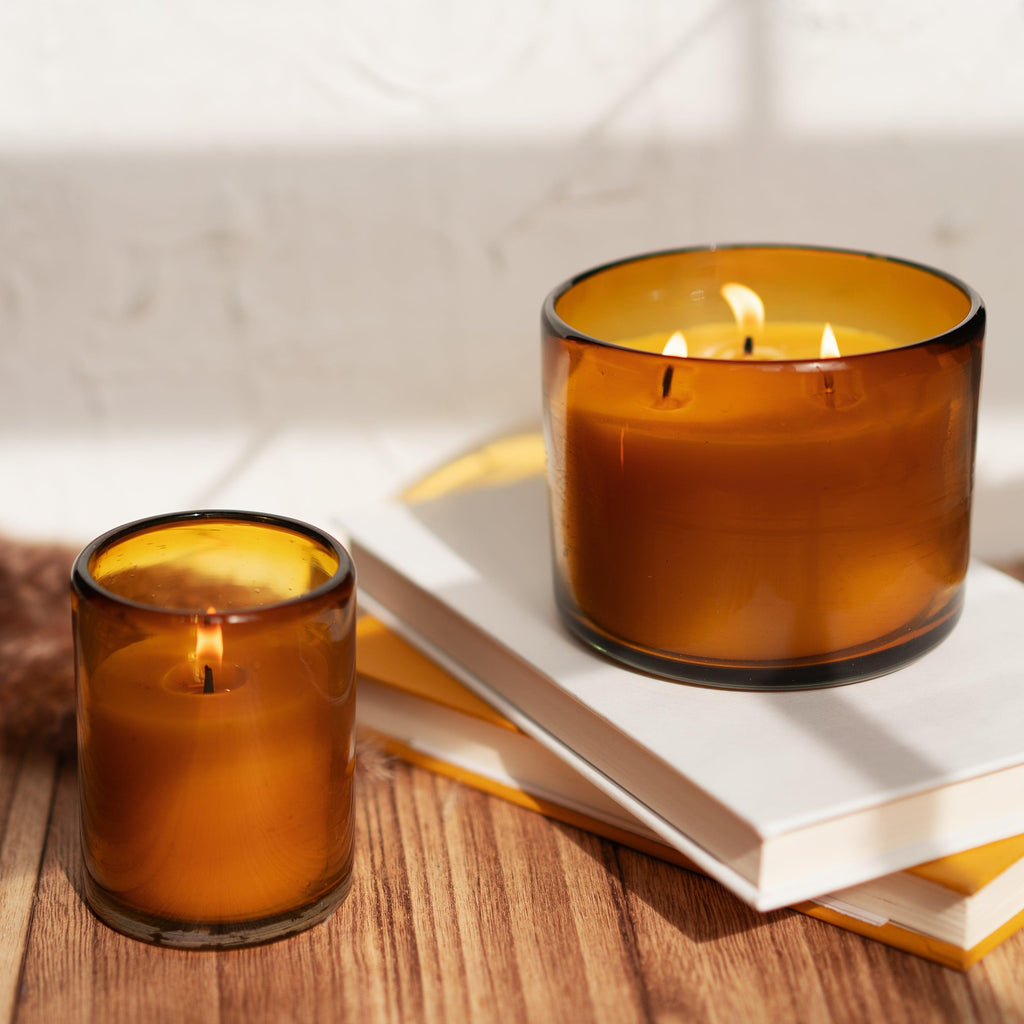 Bluecorn Candles Pure Beeswax Candle in Blown Glass — lifestyle context