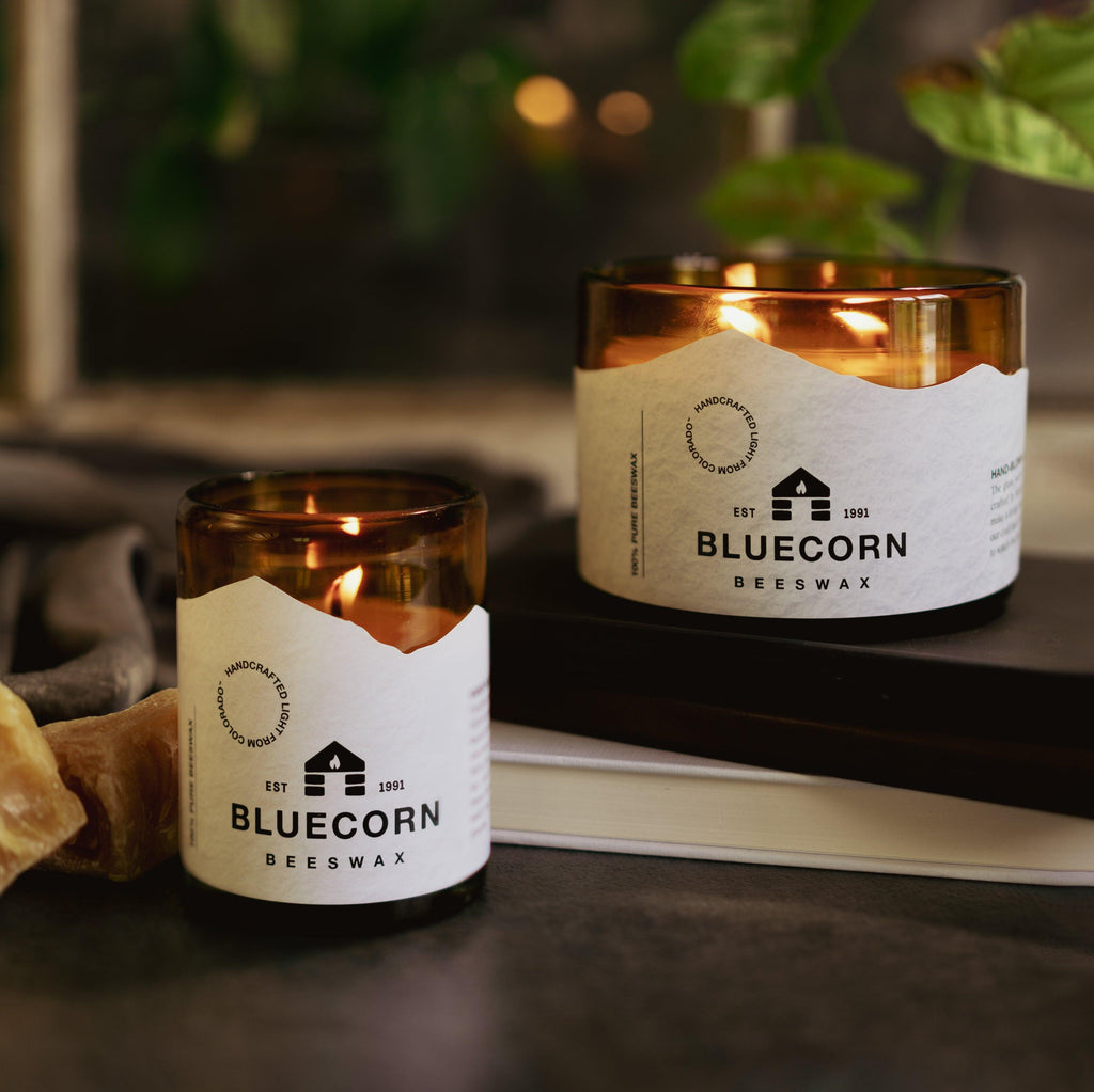 Bluecorn Candles Pure Beeswax Candle in Blown Glass — side view
